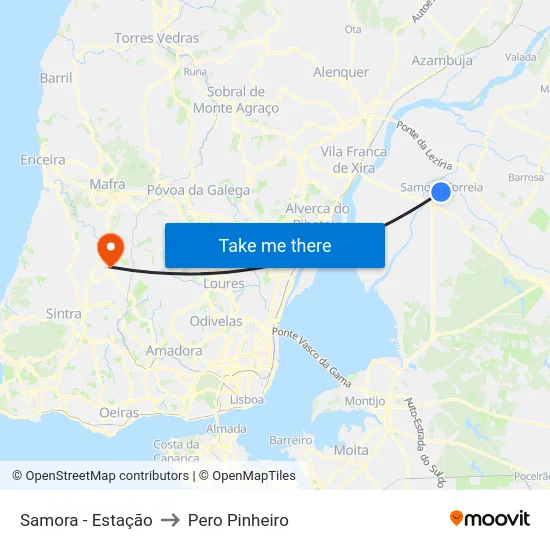 Samora - Estação to Pero Pinheiro map