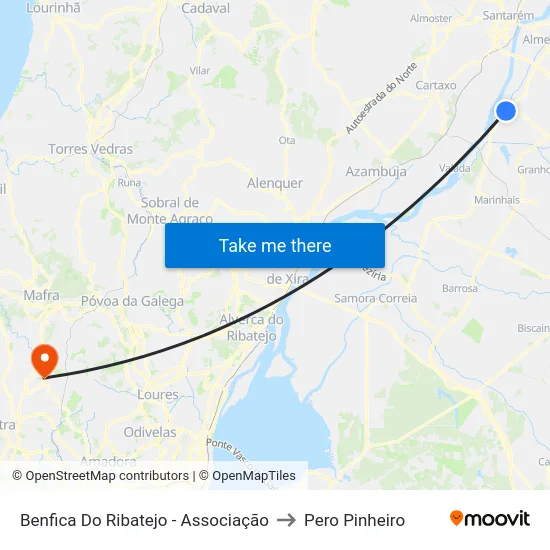 Benfica Do Ribatejo - Associação to Pero Pinheiro map