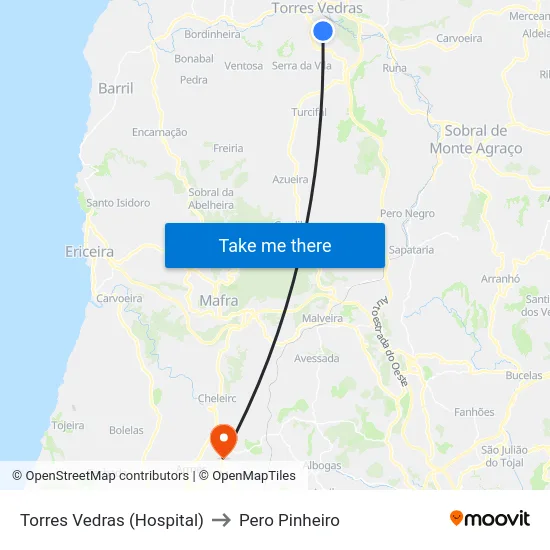 Torres Vedras (Hospital) to Pero Pinheiro map