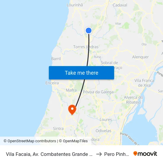 Vila Facaia, Av. Combatentes Grande Guerra to Pero Pinheiro map