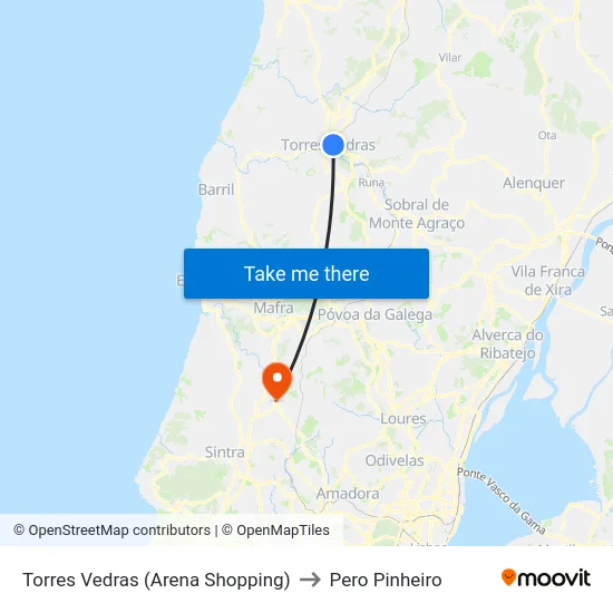 Torres Vedras (Arena Shopping) to Pero Pinheiro map
