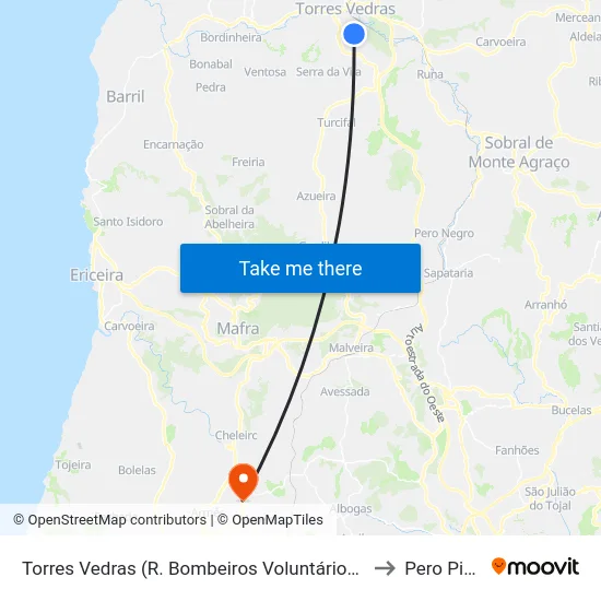 Torres Vedras (R. Bombeiros Voluntários de Torres Vedras) to Pero Pinheiro map