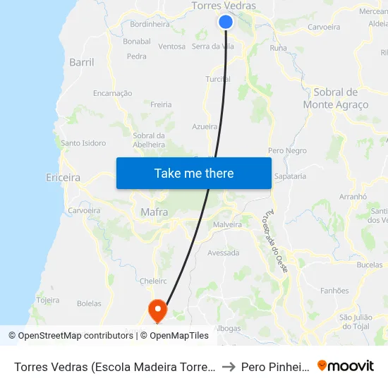 Torres Vedras (Escola Madeira Torres) to Pero Pinheiro map
