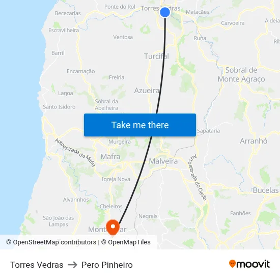 Torres Vedras to Pero Pinheiro map