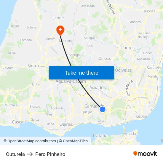 Outurela to Pero Pinheiro map