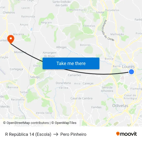 R República 14 (Escola) to Pero Pinheiro map