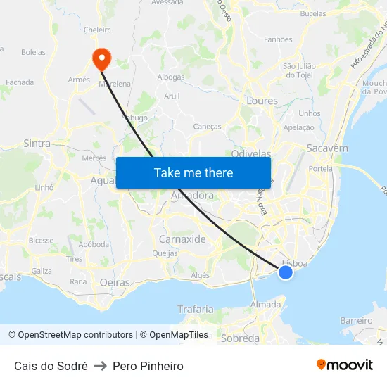 Cais do Sodré to Pero Pinheiro map