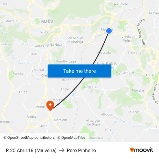 R 25 Abril 18 (Malveira) to Pero Pinheiro map