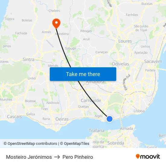 Mosteiro Jerónimos to Pero Pinheiro map