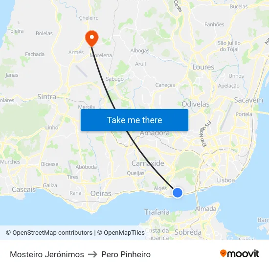 Mosteiro Jerónimos to Pero Pinheiro map