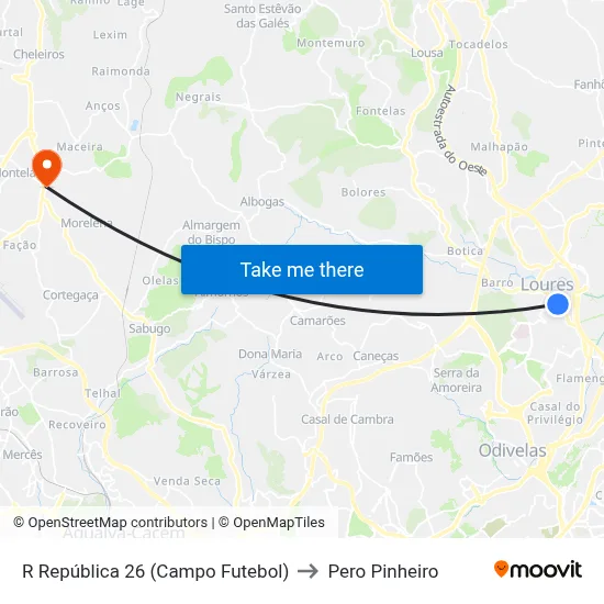 R República 26 (Campo Futebol) to Pero Pinheiro map