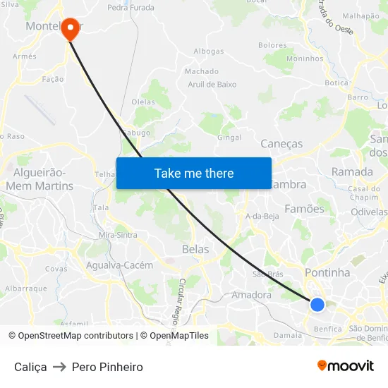Caliça to Pero Pinheiro map