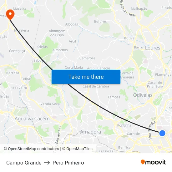 Campo Grande to Pero Pinheiro map