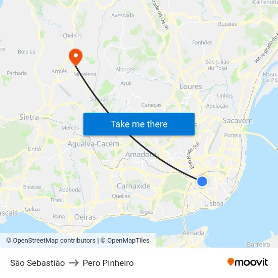 São Sebastião to Pero Pinheiro map