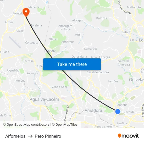 Alfornelos to Pero Pinheiro map