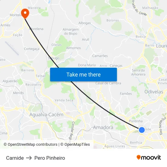 Carnide to Pero Pinheiro map