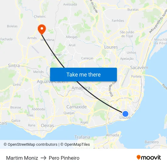 Martim Moniz to Pero Pinheiro map