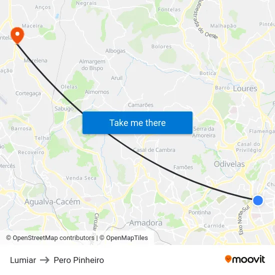Lumiar to Pero Pinheiro map