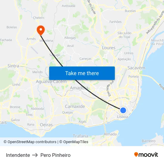Intendente to Pero Pinheiro map