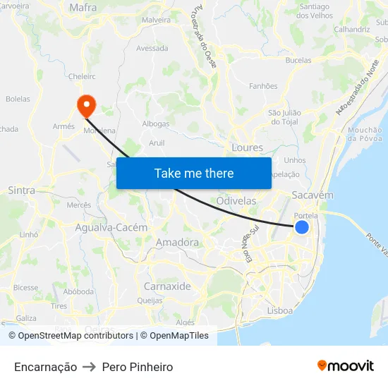Encarnação to Pero Pinheiro map