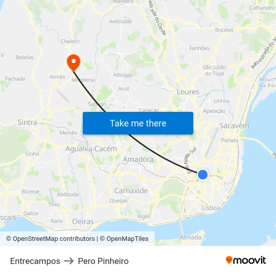 Entrecampos to Pero Pinheiro map