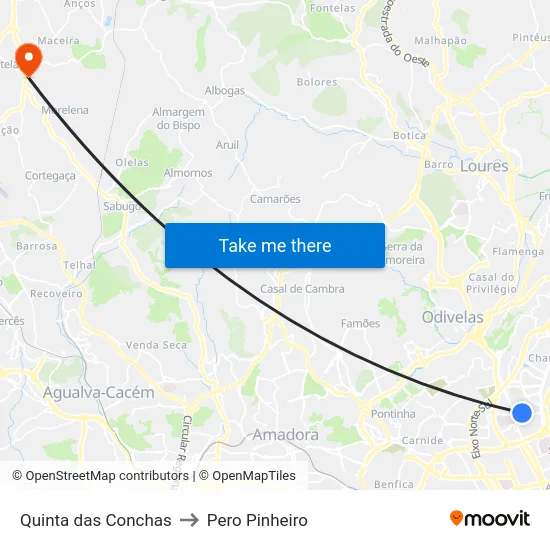 Quinta das Conchas to Pero Pinheiro map