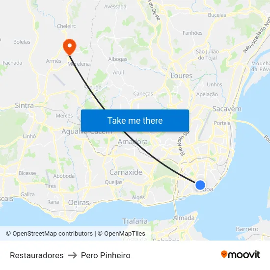 Restauradores to Pero Pinheiro map