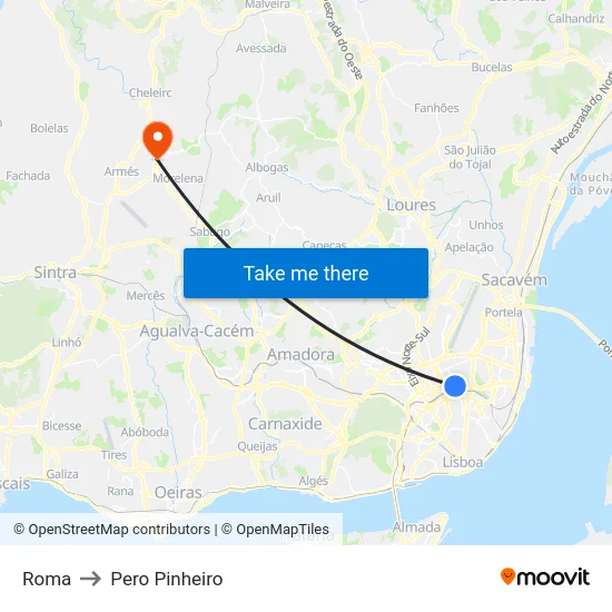 Roma to Pero Pinheiro map