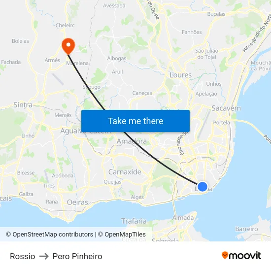 Rossio to Pero Pinheiro map