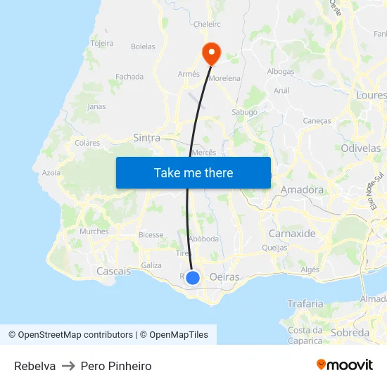 Rebelva to Pero Pinheiro map