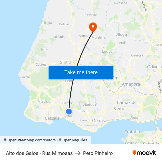 Alto dos Gaios - Rua Mimosas to Pero Pinheiro map