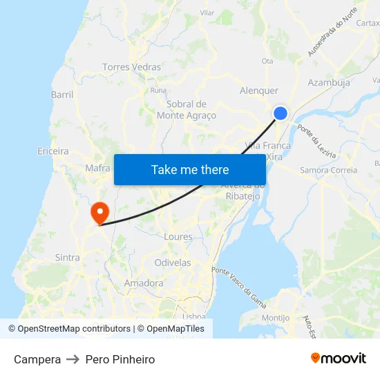 Campera to Pero Pinheiro map