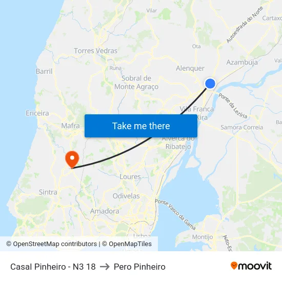 Casal Pinheiro - N3 18 to Pero Pinheiro map