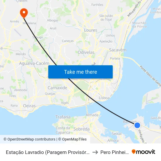 Estação Lavradio (Paragem Provisória) to Pero Pinheiro map