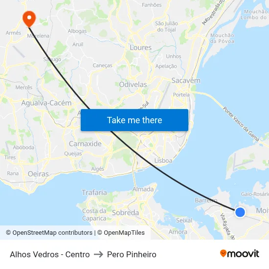 Alhos Vedros - Centro to Pero Pinheiro map