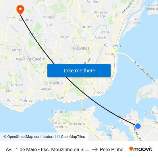 Av. 1º de Maio - Esc. Mouzinho da Silveira to Pero Pinheiro map