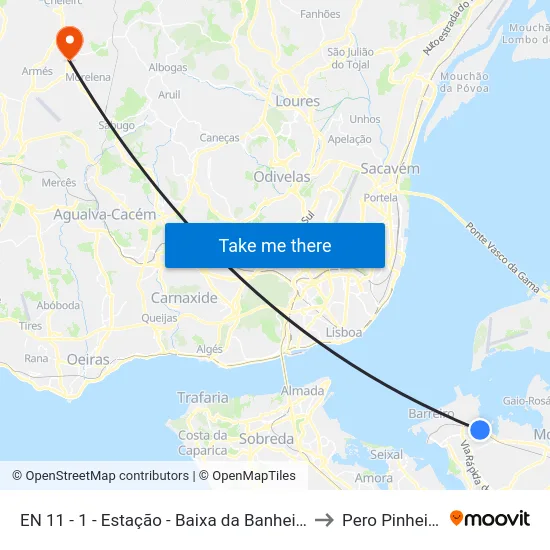 EN 11 - 1 - Estação - Baixa da Banheira to Pero Pinheiro map