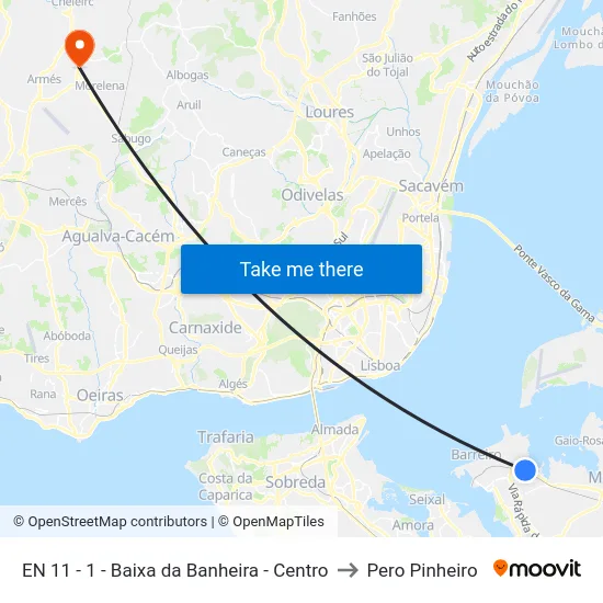 EN 11 - 1 - Baixa da Banheira - Centro to Pero Pinheiro map