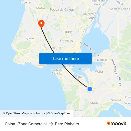Coina - Zona Comercial to Pero Pinheiro map