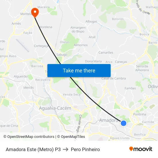 Amadora Este (Metro) P3 to Pero Pinheiro map