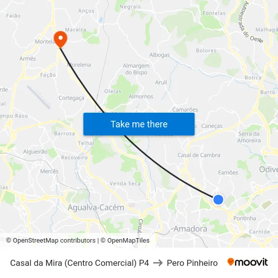 Casal da Mira (Centro Comercial) P4 to Pero Pinheiro map