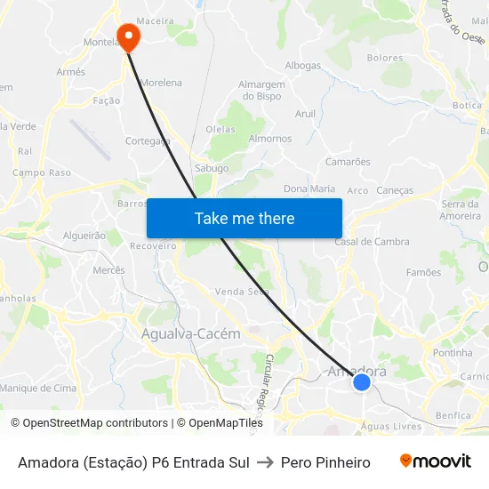 Amadora (Estação) P6 Entrada Sul to Pero Pinheiro map