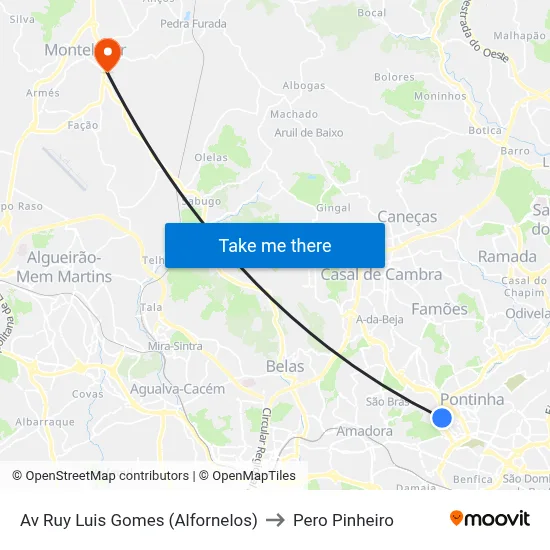 Av Ruy Luis Gomes (Alfornelos) to Pero Pinheiro map