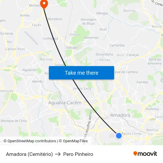 Amadora (Cemitério) to Pero Pinheiro map