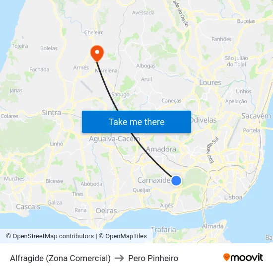 Alfragide (Zona Comercial) to Pero Pinheiro map
