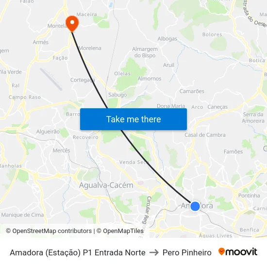 Amadora (Estação) P1 Entrada Norte to Pero Pinheiro map