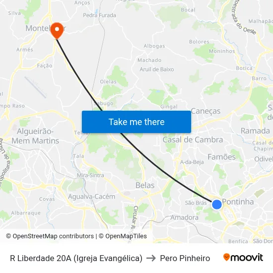 R Liberdade 20A (Igreja Evangélica) to Pero Pinheiro map