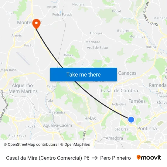 Casal da Mira (Centro Comercial) P6 to Pero Pinheiro map