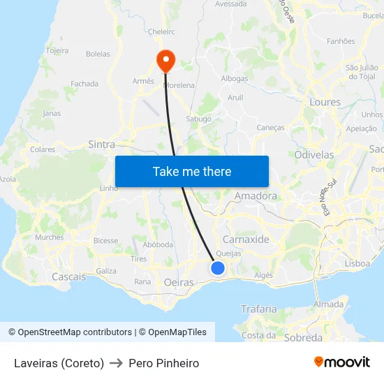 Laveiras (Coreto) to Pero Pinheiro map