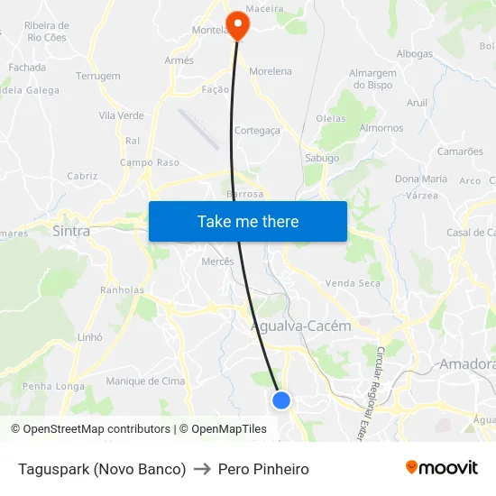 Taguspark (Novo Banco) to Pero Pinheiro map